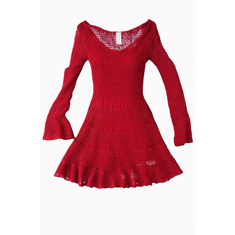 Free People Red Crochet Mini Dress Long Sleeve Boho Size PS